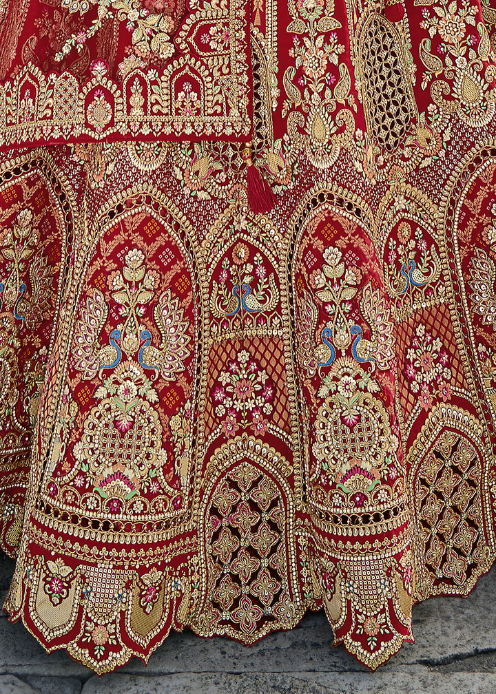 Scarlet Red Banarasi Silk Lehenga Choli with Elegant Khatli Work and Handcrafted Embroidery