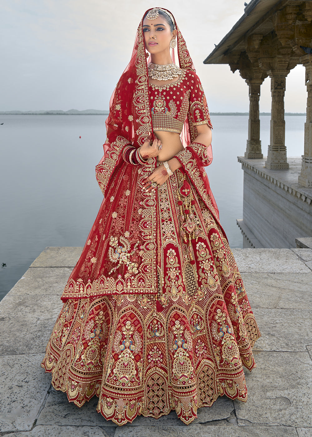 Scarlet Red Banarasi Silk Lehenga Choli with Elegant Khatli Work