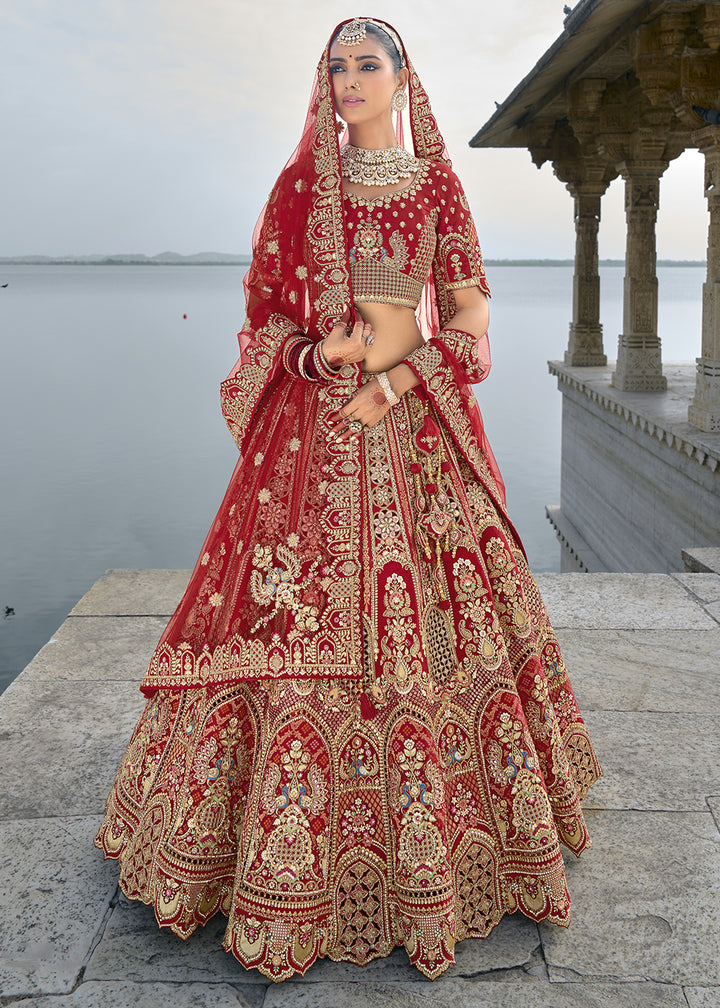 Scarlet Red Banarasi Silk Lehenga Choli with Elegant Khatli Work and Handcrafted Embroidery