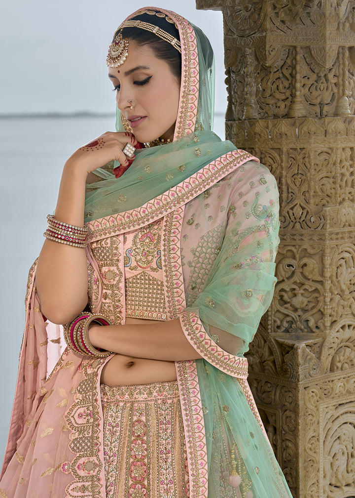 Blossom Pink Banarasi Silk Lehenga Choli with Elegant Khatli Work and Handcrafted Embroidery