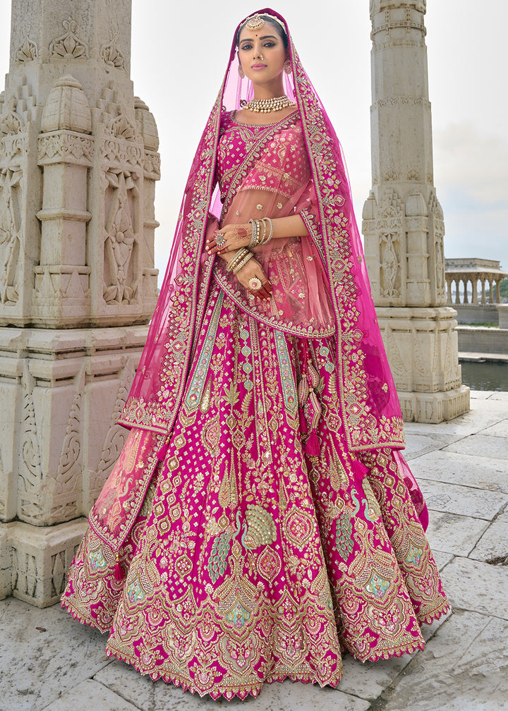 Magenta Pink Banarasi Silk Lehenga Choli with Elegant Khatli Work and Handcrafted Embroidery