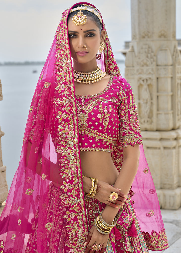Magenta Pink Banarasi Silk Lehenga Choli with Elegant Khatli Work and Handcrafted Embroidery