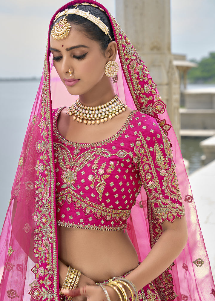 Magenta Pink Banarasi Silk Lehenga Choli with Elegant Khatli Work and Handcrafted Embroidery