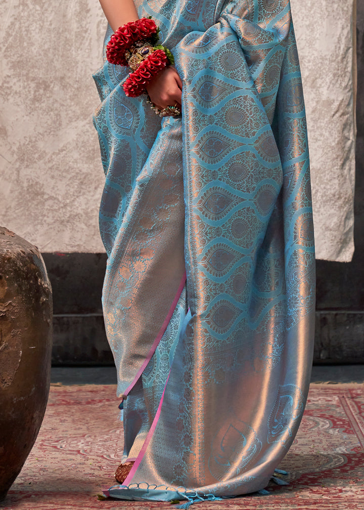 Capri Blue Two Tone Handloom Woven Silk Saree with Contrast Selvage Border