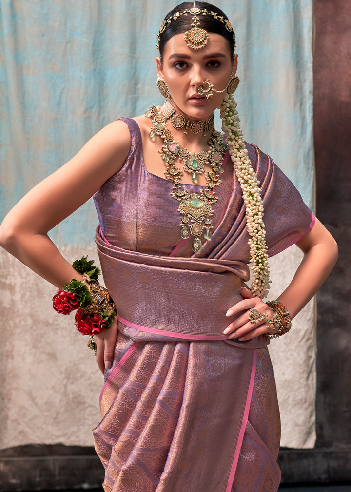 Lilac Purple Two Tone Handloom Woven Silk Saree with Contrast Selvage Border