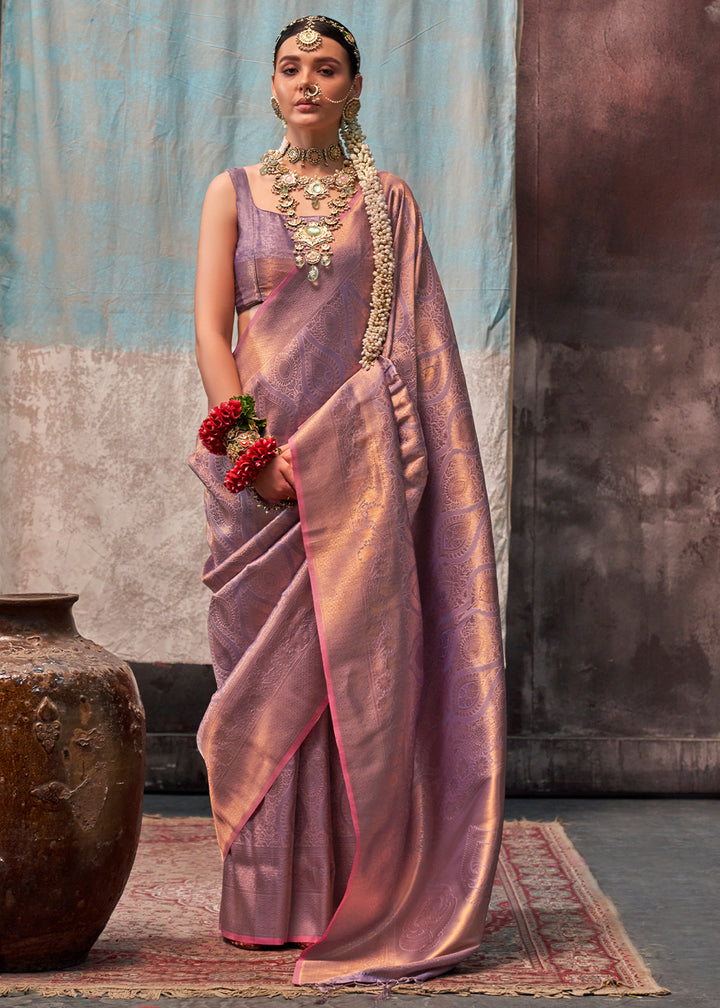 Lilac Purple Two Tone Handloom Woven Silk Saree with Contrast Selvage Border