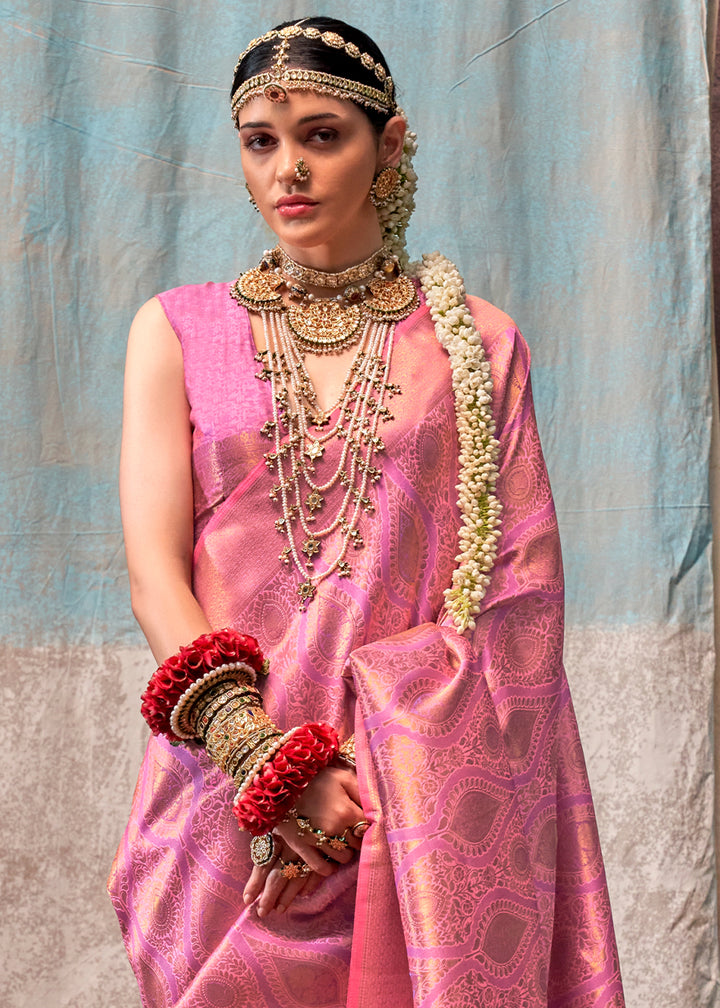 Bubblegum Pink Two Tone Handloom Woven Silk Saree with Contrast Selvage Border