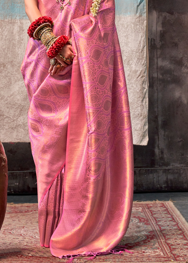 Bubblegum Pink Two Tone Handloom Woven Silk Saree with Contrast Selvage Border