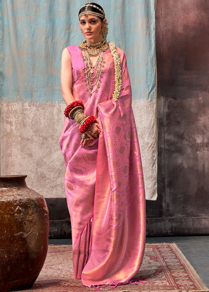 Bubblegum Pink Two Tone Handloom Woven Silk Saree with Contrast Selvage Border