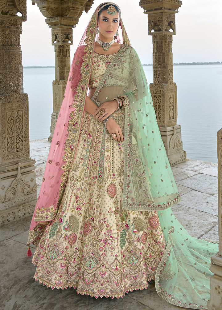 Cream White Banarasi Silk Lehenga Choli with Elegant Khatli Work and Handcrafted Embroidery