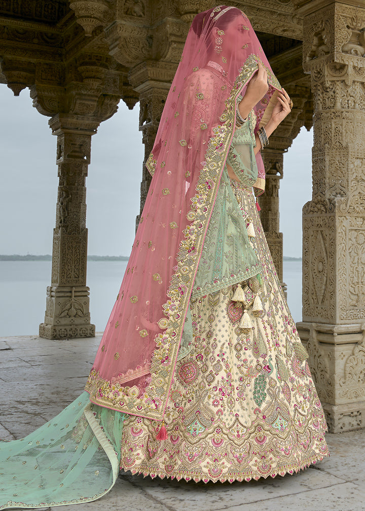 Cream White Banarasi Silk Lehenga Choli with Elegant Khatli Work and Handcrafted Embroidery