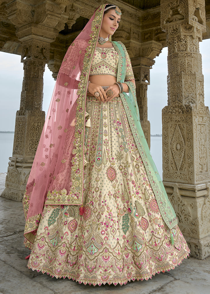 Cream White Banarasi Silk Lehenga Choli with Elegant Khatli Work and Handcrafted Embroidery
