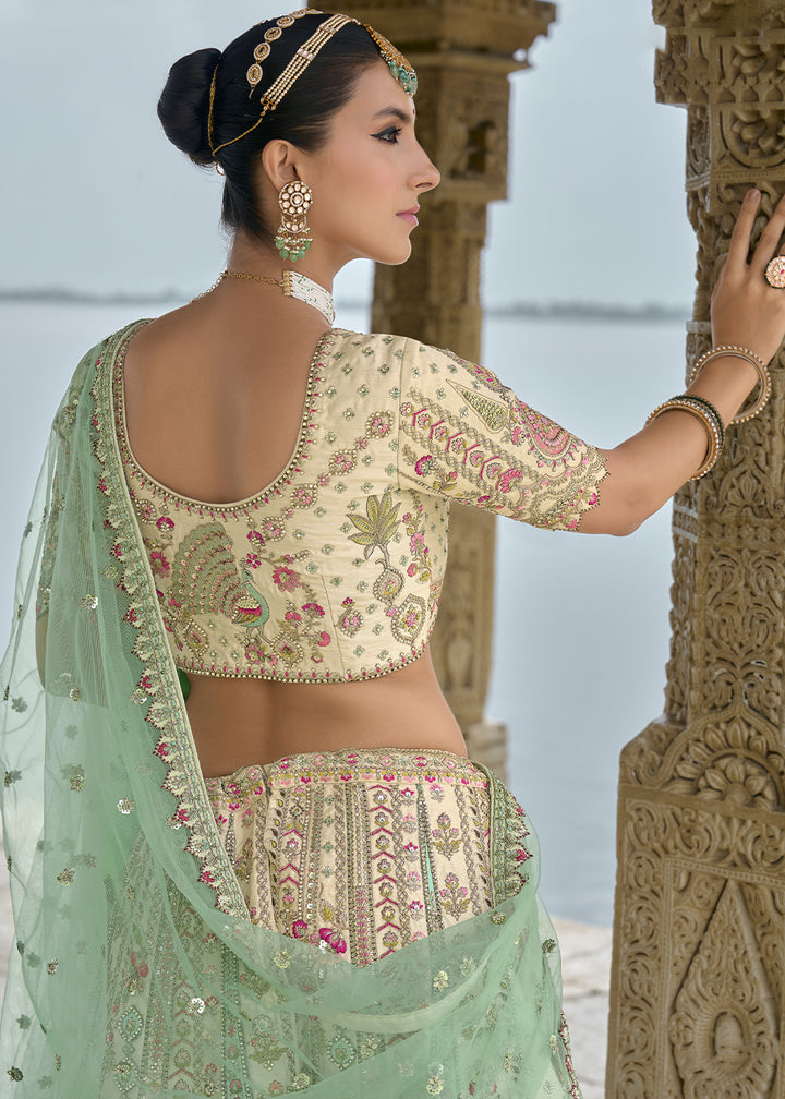 Cream White Banarasi Silk Lehenga Choli with Elegant Khatli Work and Handcrafted Embroidery