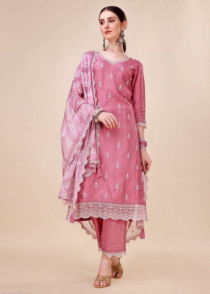 Dusty Rose Pink Suit in Dola Silk with All-Over Threadwork Buttas