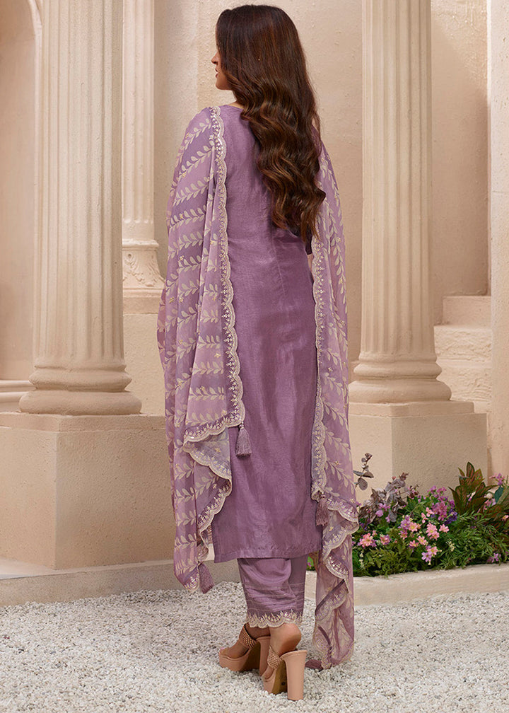 Dusty Lavender Purple Suit in Dola Silk with All-Over Threadwork Buttas