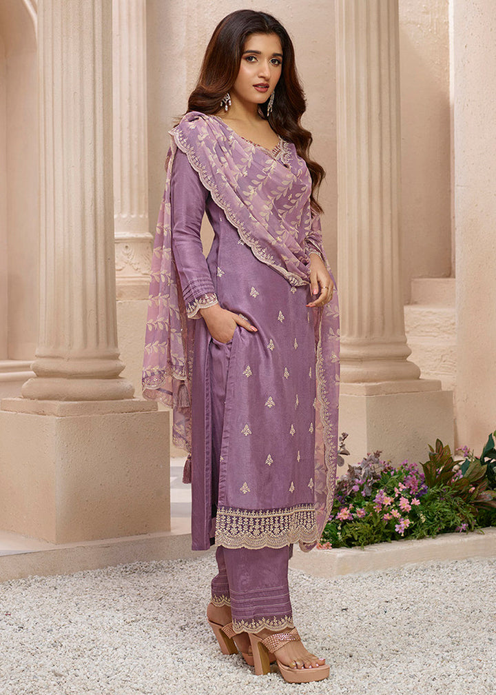 Dusty Lavender Purple Suit in Dola Silk with All-Over Threadwork Buttas