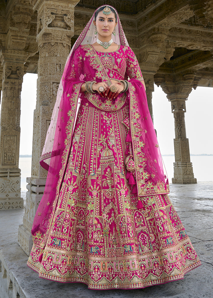 Bright Pink Banarasi Silk Lehenga Choli with Elegant Khatli Work and Handcrafted Embroidery