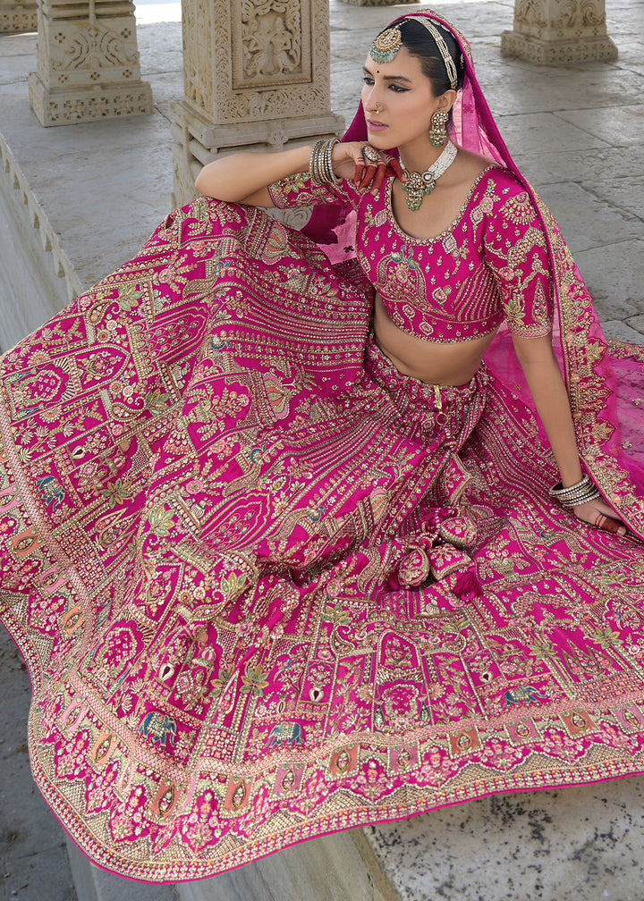 Bright Pink Banarasi Silk Lehenga Choli with Elegant Khatli Work and Handcrafted Embroidery