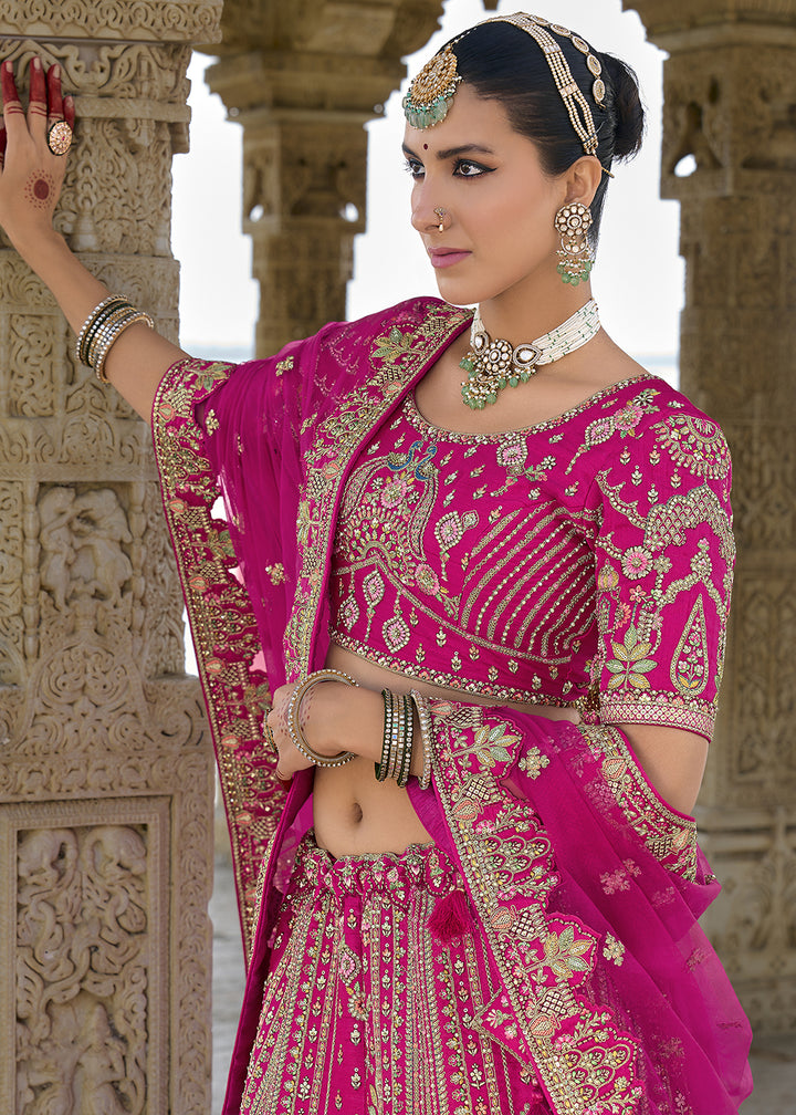 Bright Pink Banarasi Silk Lehenga Choli with Elegant Khatli Work and Handcrafted Embroidery