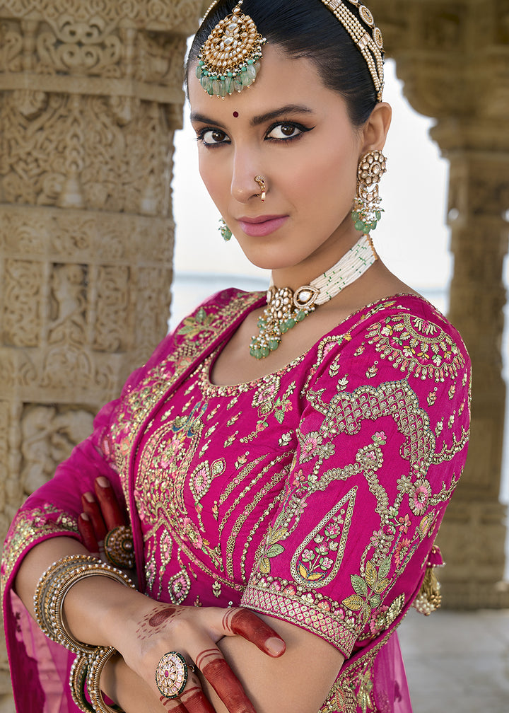 Bright Pink Banarasi Silk Lehenga Choli with Elegant Khatli Work and Handcrafted Embroidery