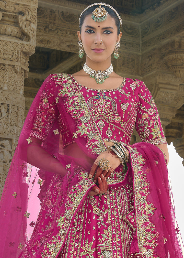 Bright Pink Banarasi Silk Lehenga Choli with Elegant Khatli Work and Handcrafted Embroidery