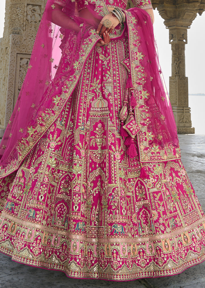 Bright Pink Banarasi Silk Lehenga Choli with Elegant Khatli Work and Handcrafted Embroidery