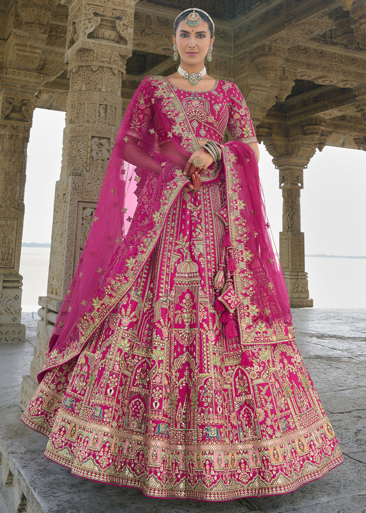 Bright Pink Banarasi Silk Lehenga Choli with Elegant Khatli Work and Handcrafted Embroidery