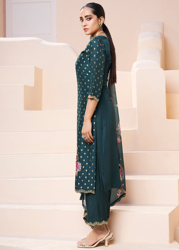 Dark Teal Green Dola Silk Suit Adorned with Applique Patch and Sequin Work