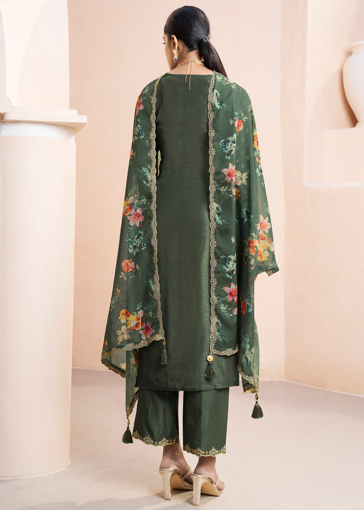 Dark Olive Green Dola Silk Suit Adorned with Applique Patch and Sequin Work