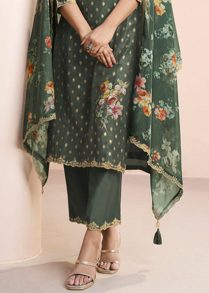 Dark Olive Green Dola Silk Suit Adorned with Applique Patch and Sequin Work