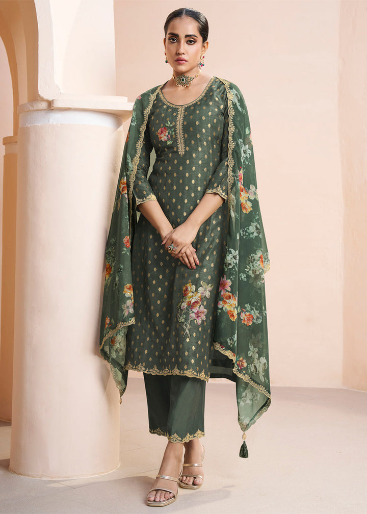 Dark Olive Green Dola Silk Suit Adorned with Applique Patch and Sequin Work