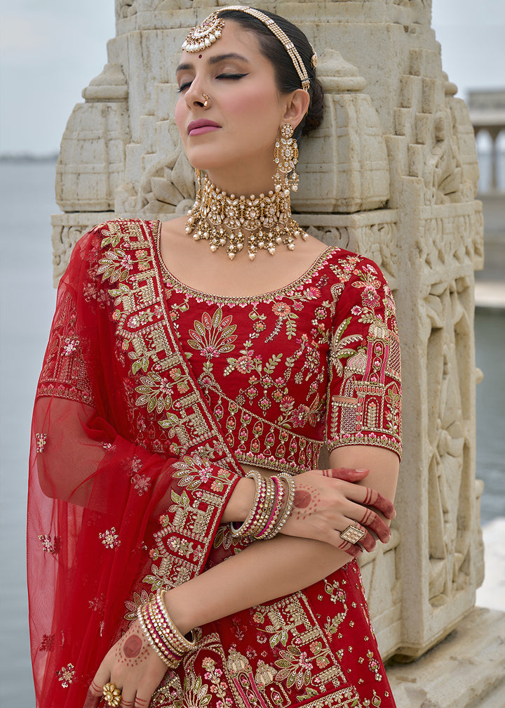 Maroon Red Banarasi Silk Lehenga Choli with Elegant Khatli Work and Handcrafted Embroidery