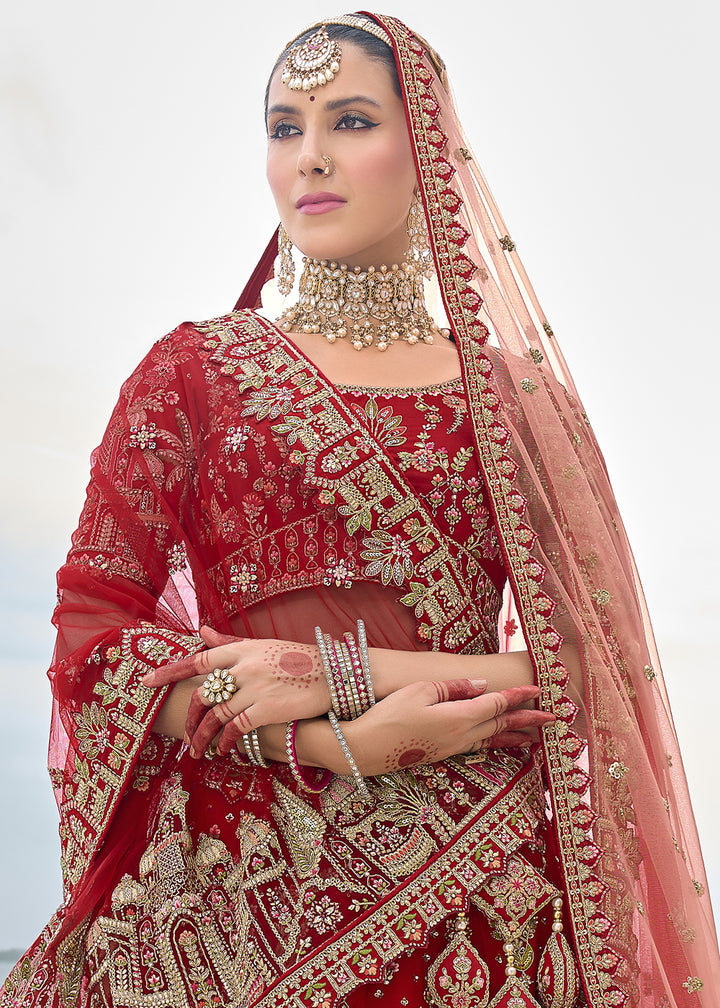 Maroon Red Banarasi Silk Lehenga Choli with Elegant Khatli Work and Handcrafted Embroidery