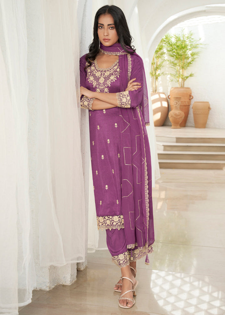 Jasmine Purple Dola Silk Suit Featuring Beaded Handwork
