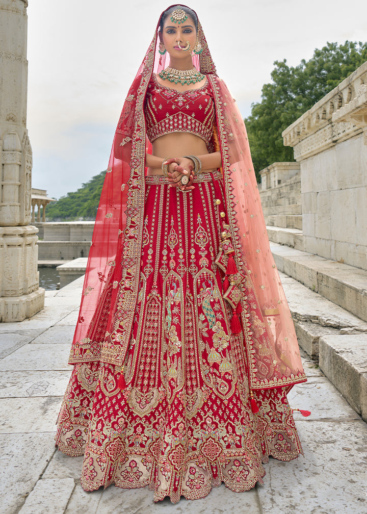 Ruby Red Banarasi Silk Lehenga Choli with Elegant Khatli Work and Handcrafted Embroidery