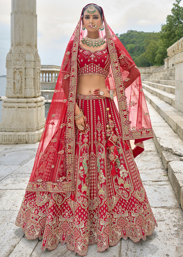 Ruby Red Banarasi Silk Lehenga Choli with Elegant Khatli Work and Handcrafted Embroidery