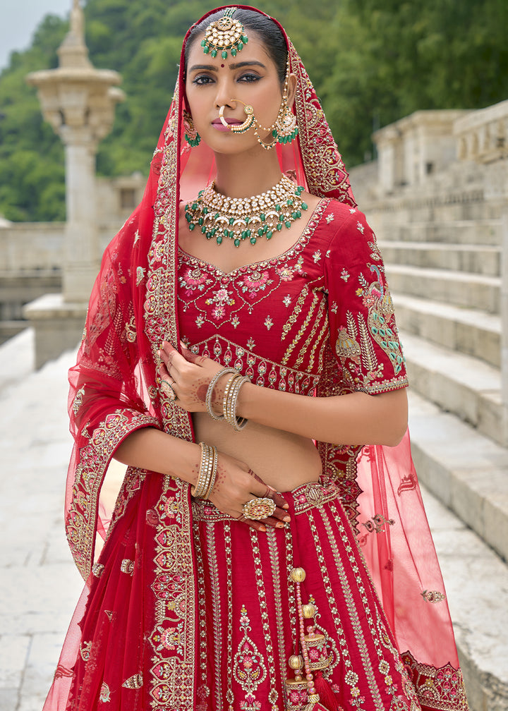 Ruby Red Banarasi Silk Lehenga Choli with Elegant Khatli Work and Handcrafted Embroidery