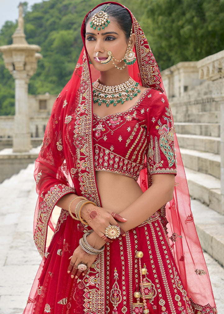 Ruby Red Banarasi Silk Lehenga Choli with Elegant Khatli Work and Handcrafted Embroidery