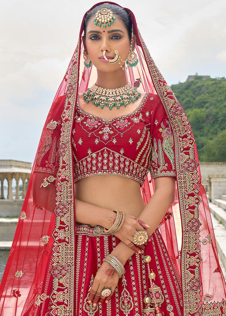 Ruby Red Banarasi Silk Lehenga Choli with Elegant Khatli Work and Handcrafted Embroidery