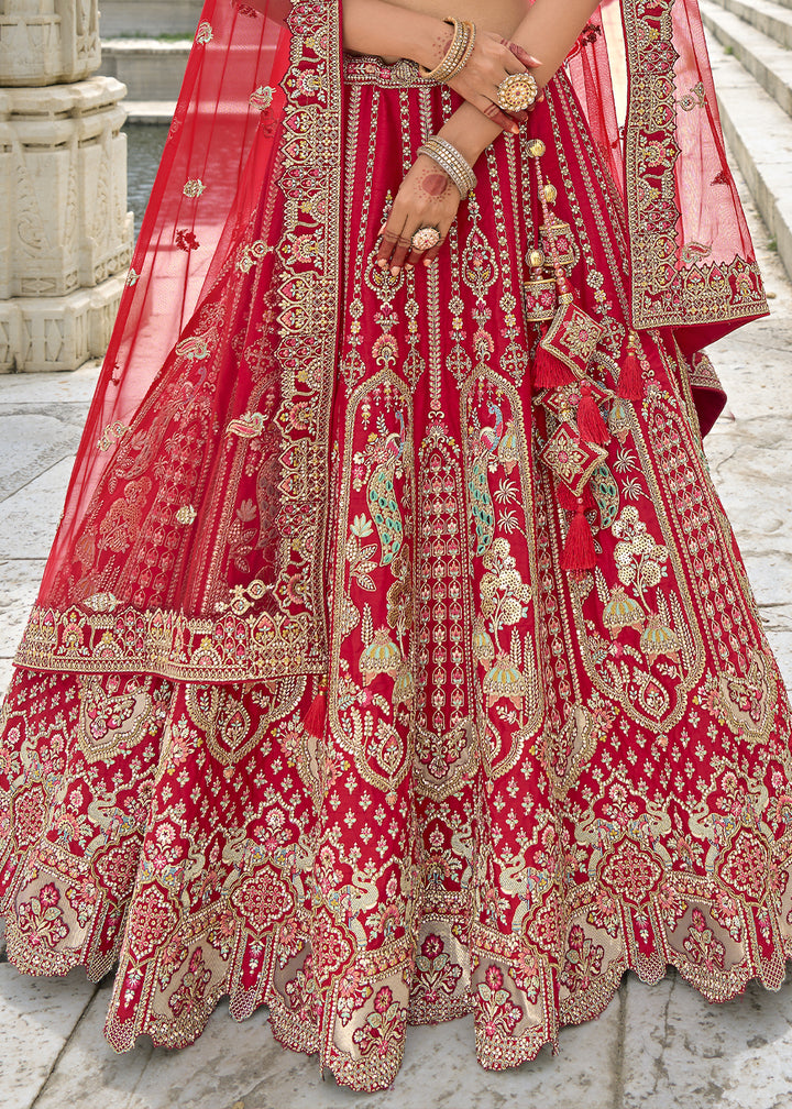 Ruby Red Banarasi Silk Lehenga Choli with Elegant Khatli Work and Handcrafted Embroidery