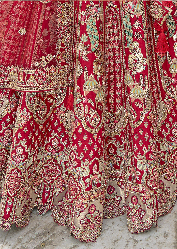 Ruby Red Banarasi Silk Lehenga Choli with Elegant Khatli Work and Handcrafted Embroidery