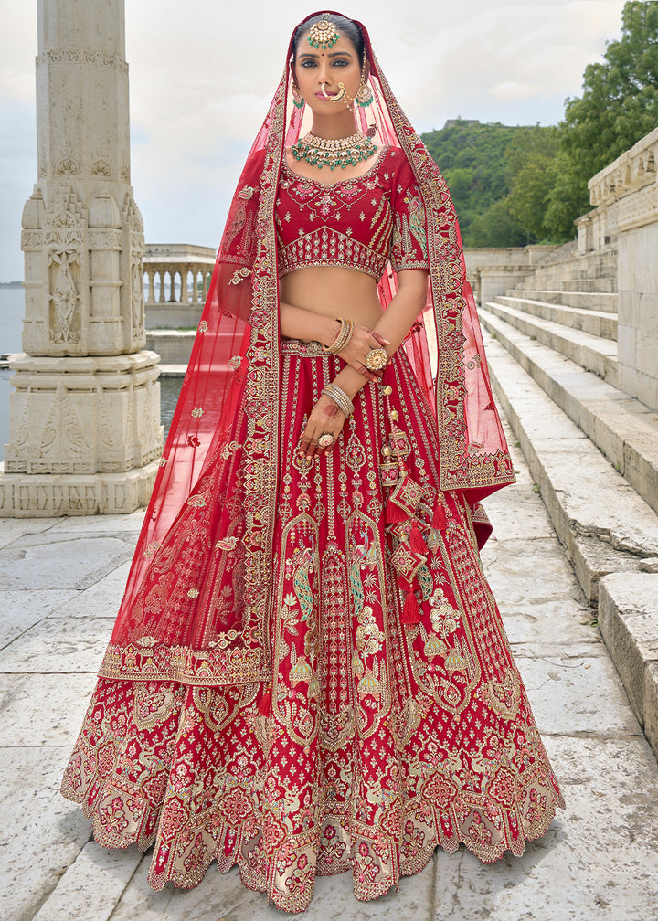 Ruby Red Banarasi Silk Lehenga Choli with Elegant Khatli Work and Handcrafted Embroidery