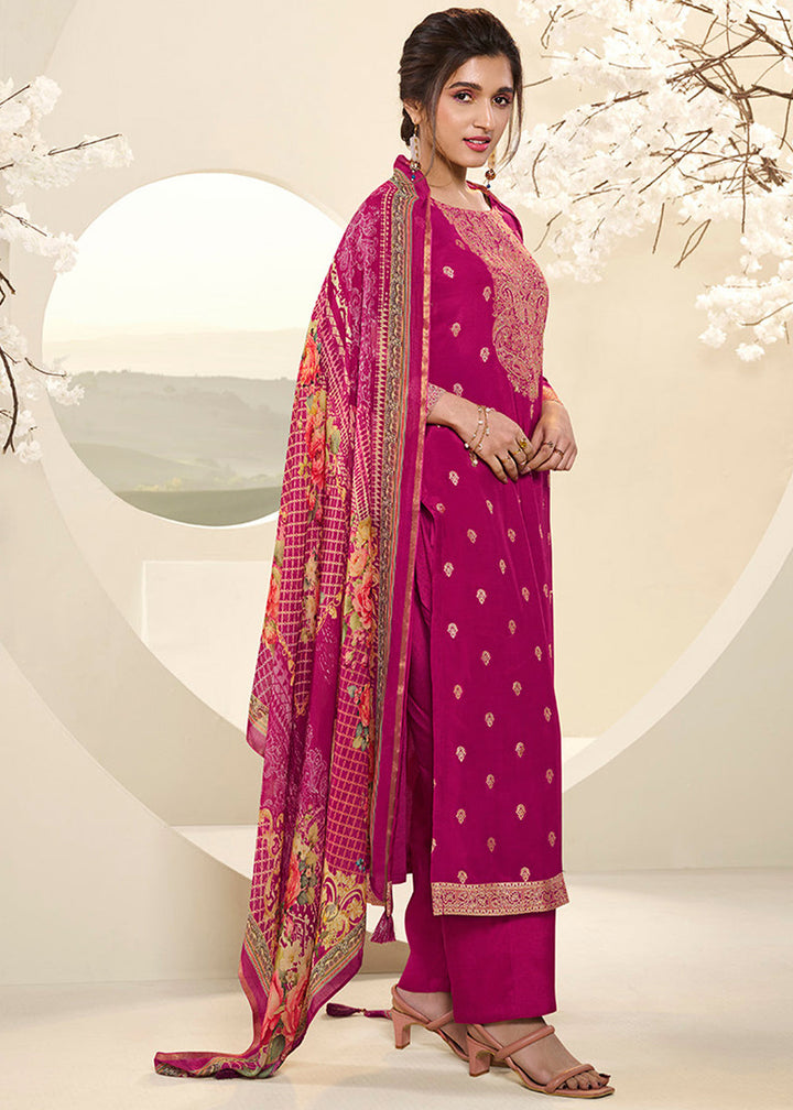 Magenta Purple Muslin Jacquard Suit Featuring Designer Yoke & Thread Weaving work