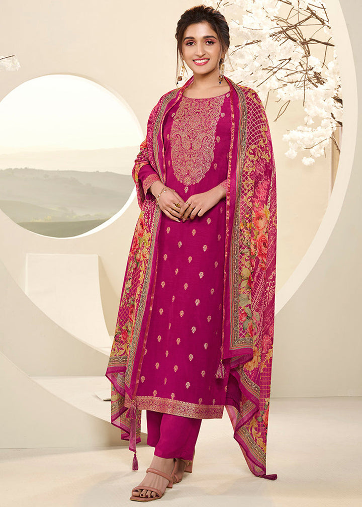 Magenta Purple Muslin Jacquard Suit Featuring Designer Yoke & Thread Weaving work