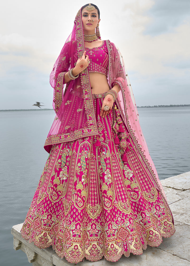Barbie Pink Banarasi Silk Lehenga Choli with Elegant Khatli Work and Handcrafted Embroidery