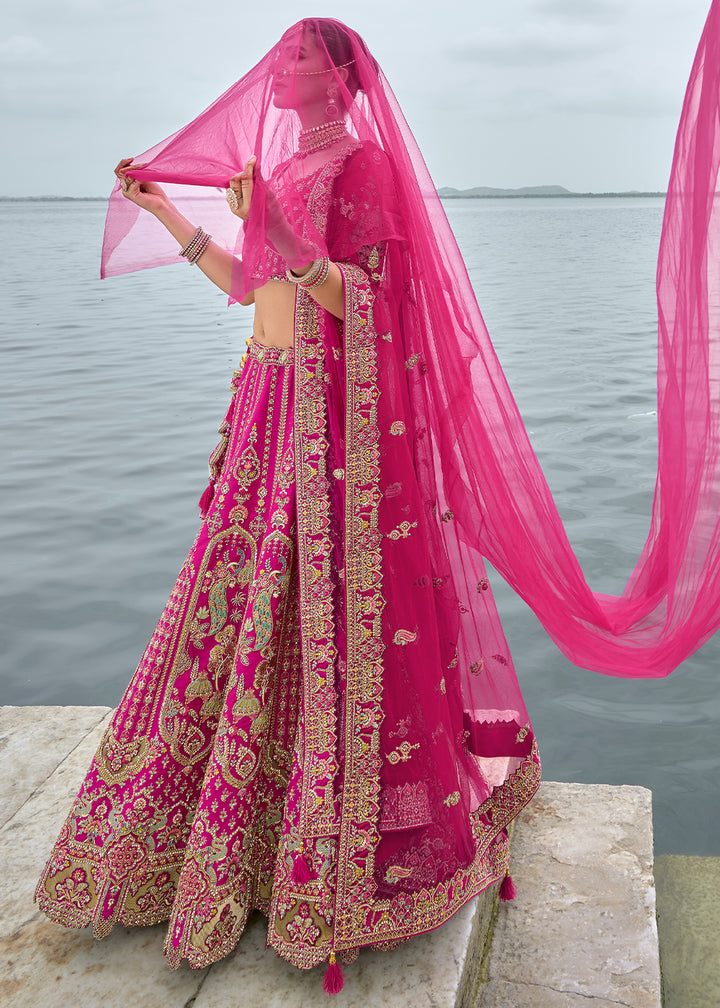 Barbie Pink Banarasi Silk Lehenga Choli with Elegant Khatli Work and Handcrafted Embroidery