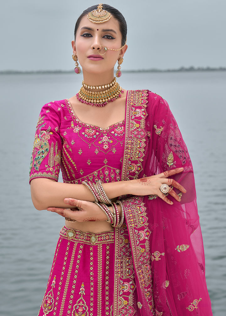 Barbie Pink Banarasi Silk Lehenga Choli with Elegant Khatli Work and Handcrafted Embroidery