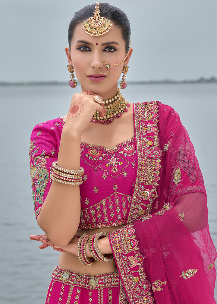 Barbie Pink Banarasi Silk Lehenga Choli with Elegant Khatli Work and Handcrafted Embroidery