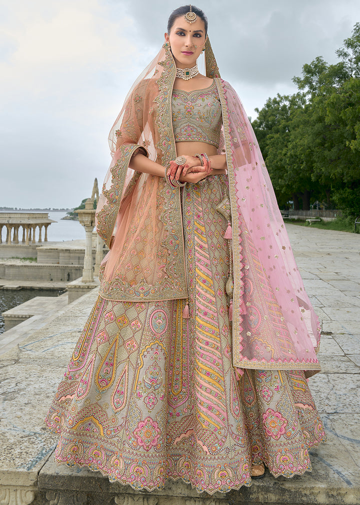 Grey & Orange Banarasi Silk Lehenga Choli with Elegant Khatli Work and Handcrafted Embroidery