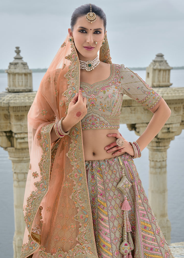 Grey & Orange Banarasi Silk Lehenga Choli with Elegant Khatli Work and Handcrafted Embroidery